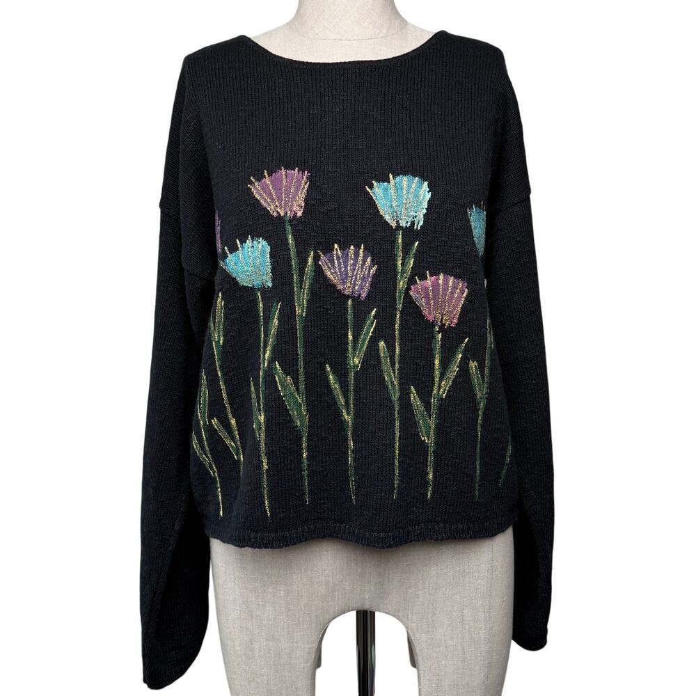 Victoria Made in USA Floral Hand-Painted Graphic Sweater Black Cotton Knit
